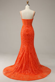 Orange Mermaid Spaghetti Straps Long Prom Dress with Slit