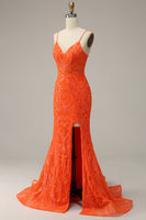 Load image into Gallery viewer, Orange Mermaid Spaghetti Straps Long Prom Dress with Slit