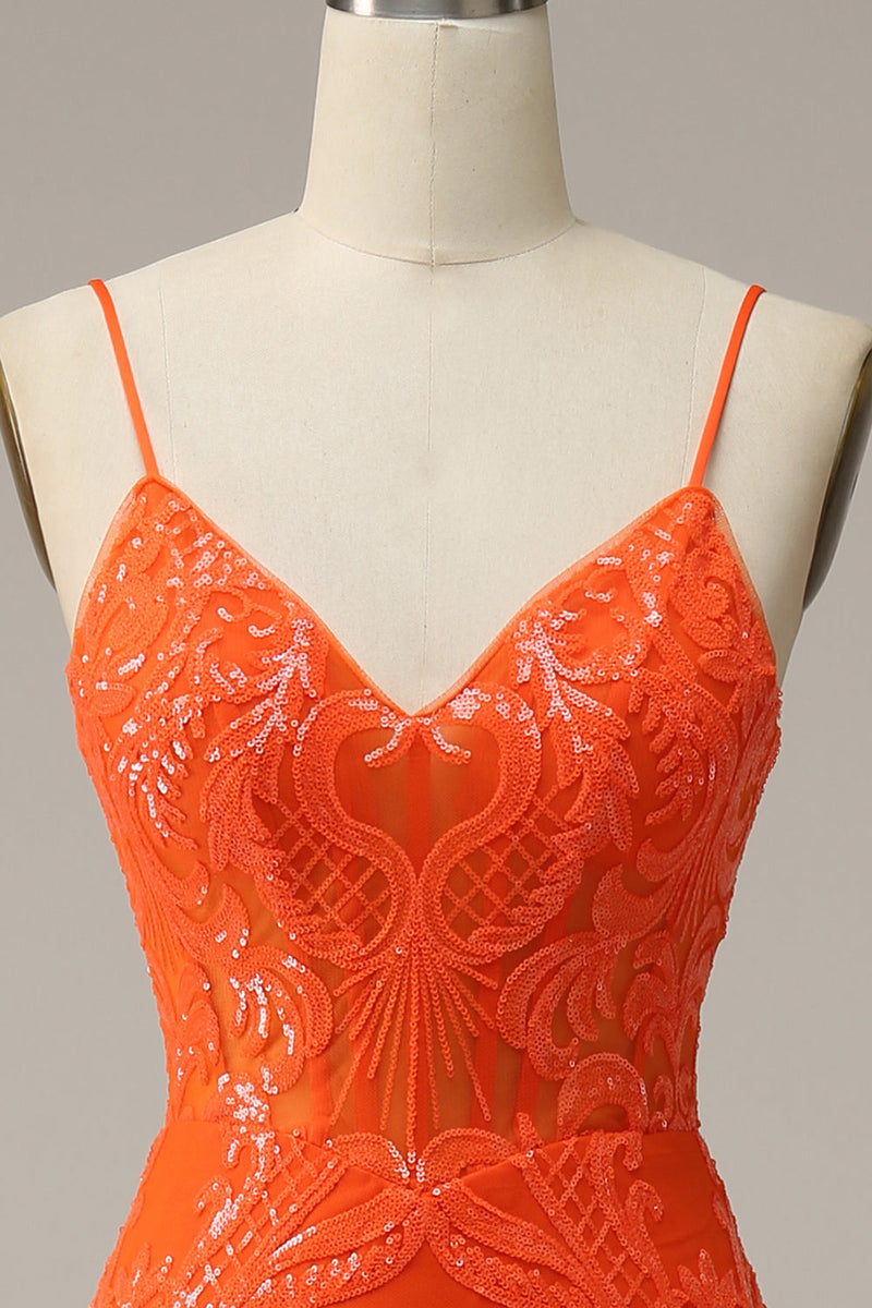 Load image into Gallery viewer, Orange Mermaid Spaghetti Straps Long Prom Dress with Slit
