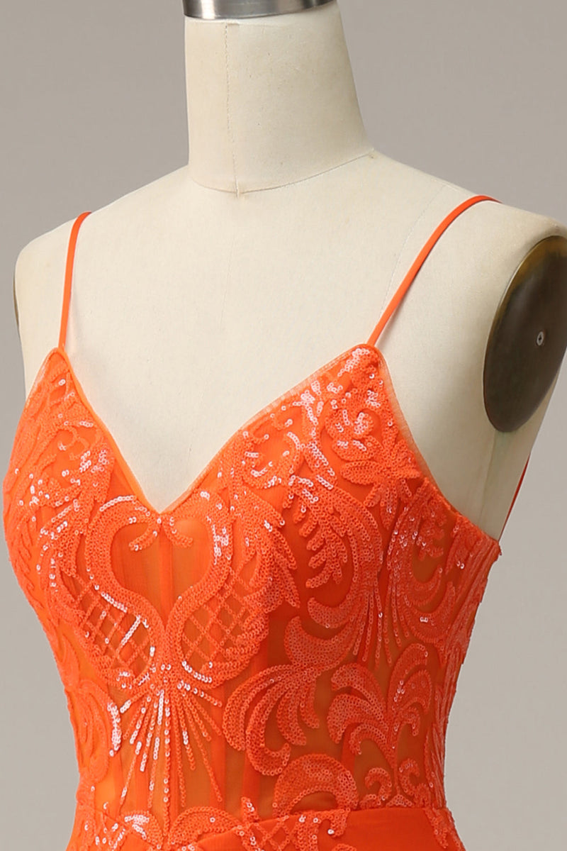 Load image into Gallery viewer, Orange Mermaid Spaghetti Straps Long Prom Dress with Slit