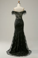 Load image into Gallery viewer, Mermaid Off the Shoulder Black Long Prom Dress with Feather