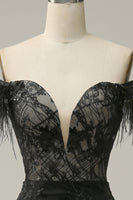 Load image into Gallery viewer, Mermaid Off the Shoulder Black Long Prom Dress with Feather