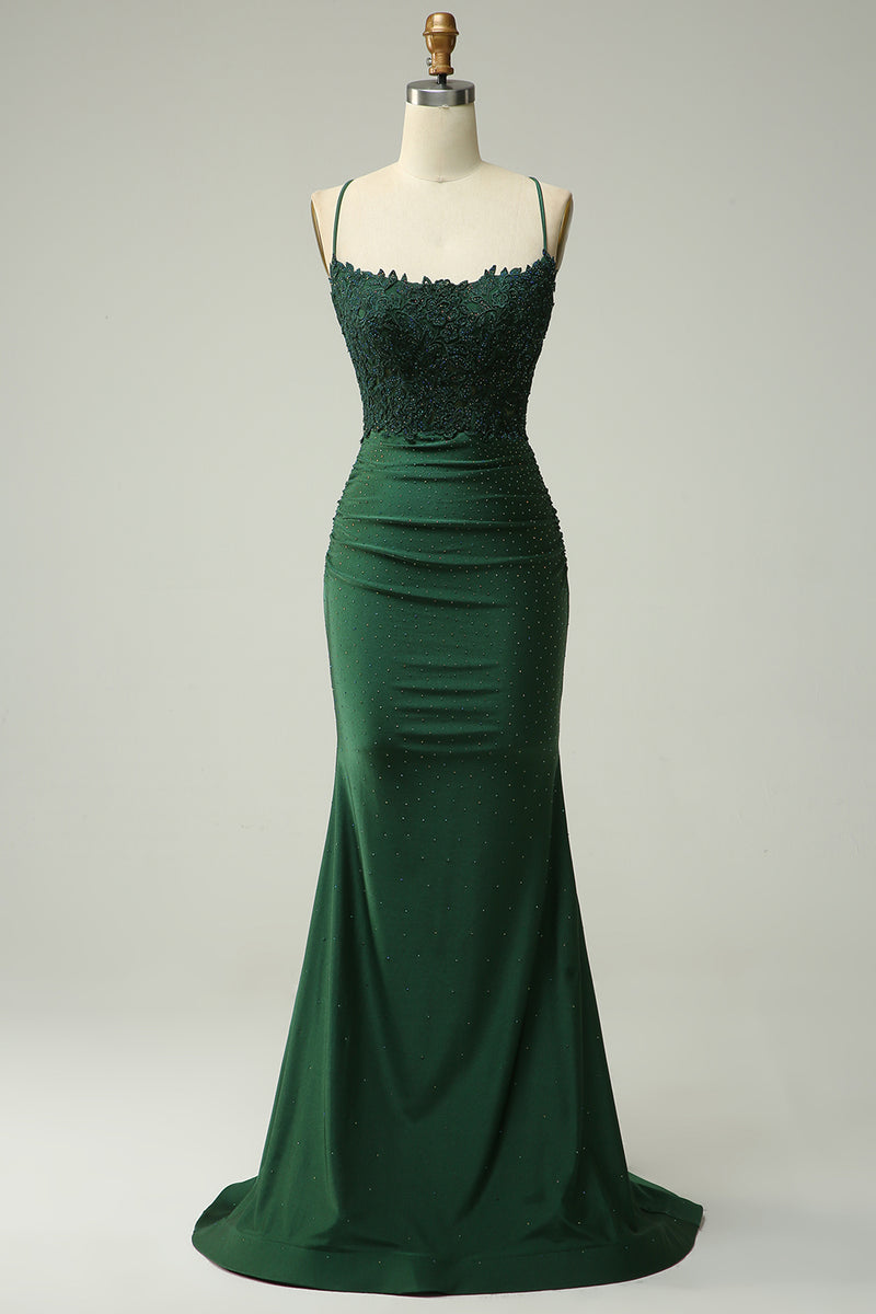 Load image into Gallery viewer, Halter Dark Green Mermaid Prom Dress with Beading