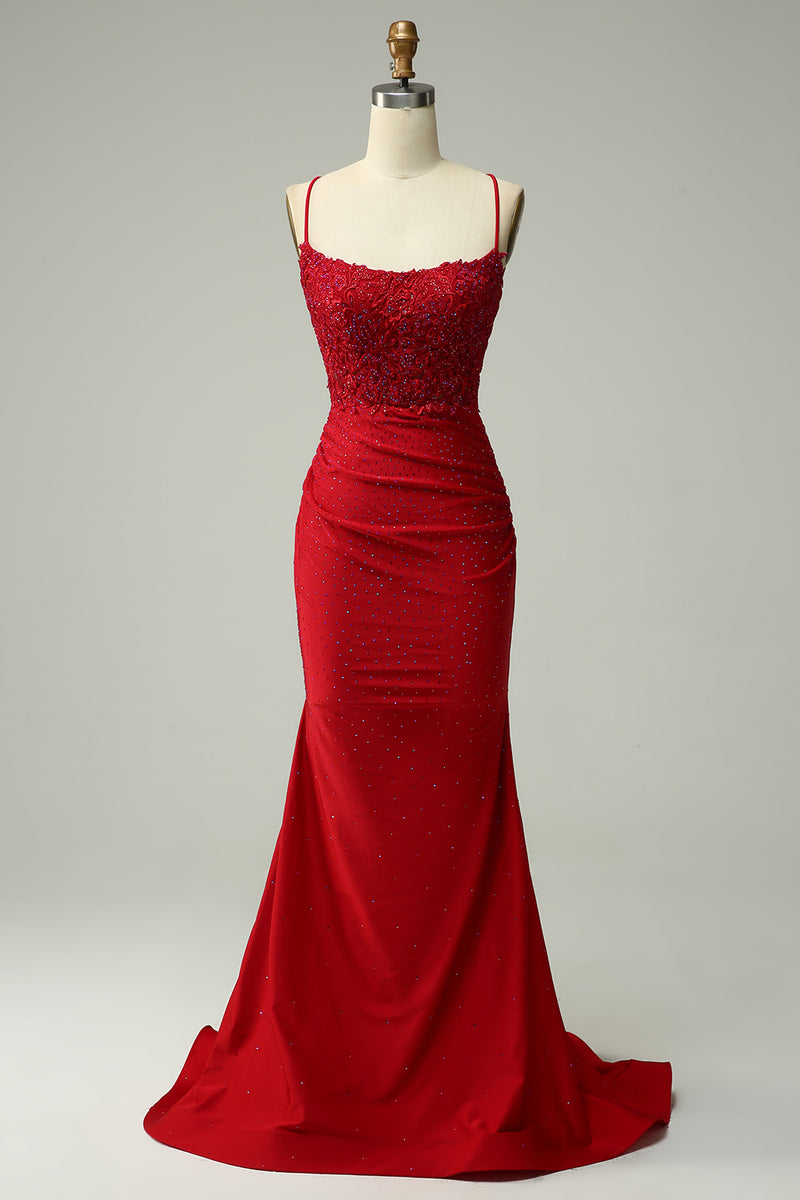 Load image into Gallery viewer, Halter Dark Red Mermaid Prom Dress with Beading