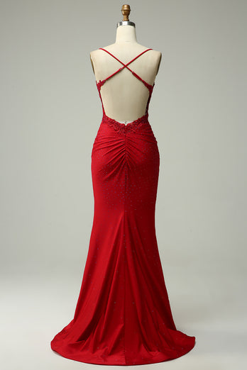 Halter Dark Red Mermaid Prom Dress with Beading