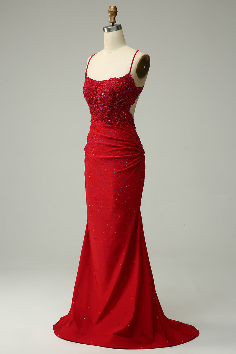 Load image into Gallery viewer, Halter Dark Red Mermaid Prom Dress with Beading