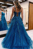 Load image into Gallery viewer, Glitter Blue Lace A-Line Long Prom Dress