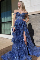 Load image into Gallery viewer, Dark Blue Off Shoulder Layered Prom Dress with Slit