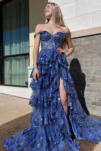 Dark Blue Off Shoulder Layered Prom Dress with Slit