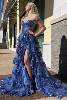 Dark Blue Off Shoulder Layered Prom Dress with Slit