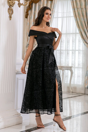 Black Off Shoulder Lace Prom Dress