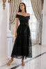Load image into Gallery viewer, Black Off Shoulder Lace Prom Dress