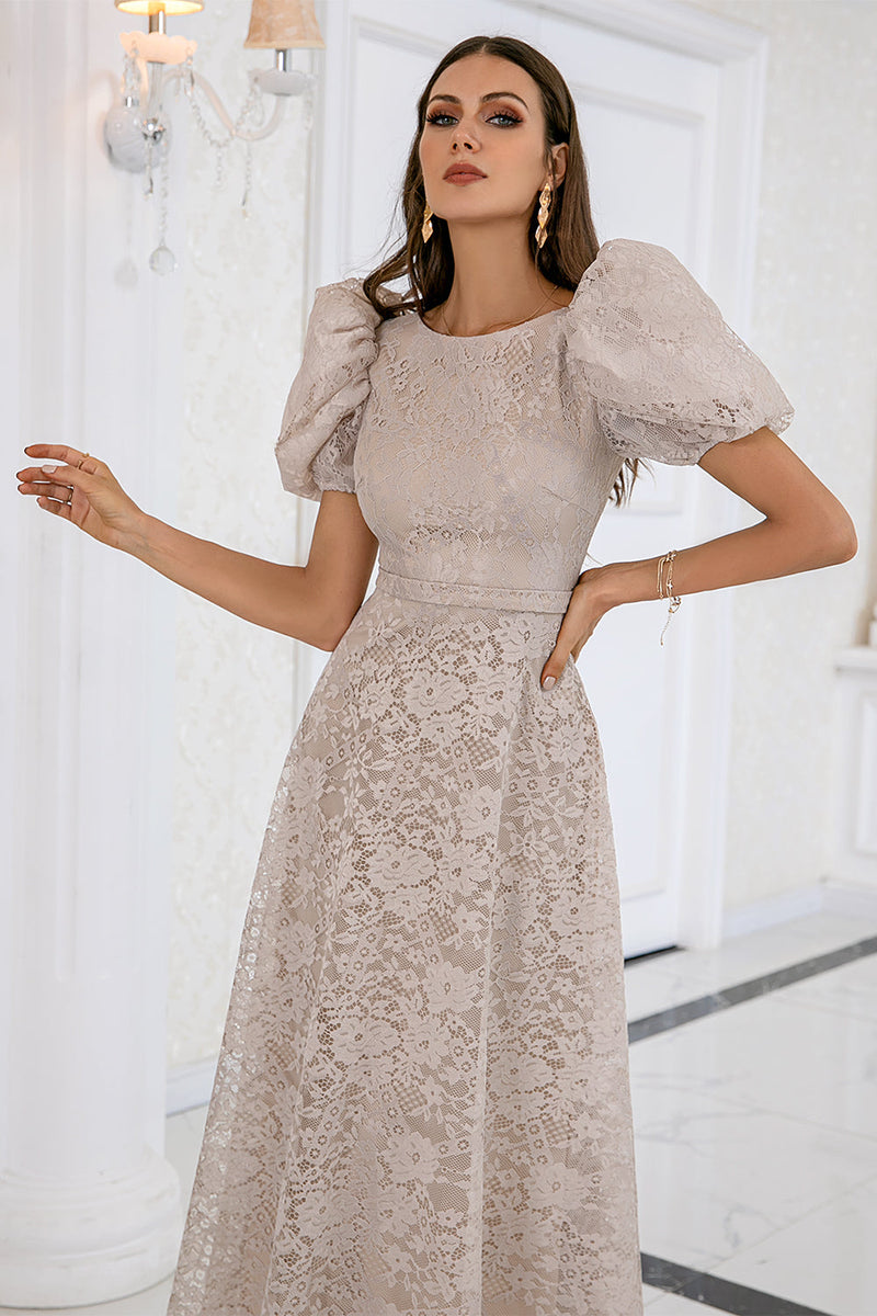 Load image into Gallery viewer, Champagne Lace Prom Dress with Short Sleeves