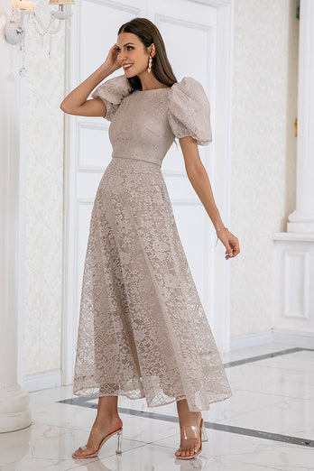 Champagne Lace Prom Dress with Short Sleeves
