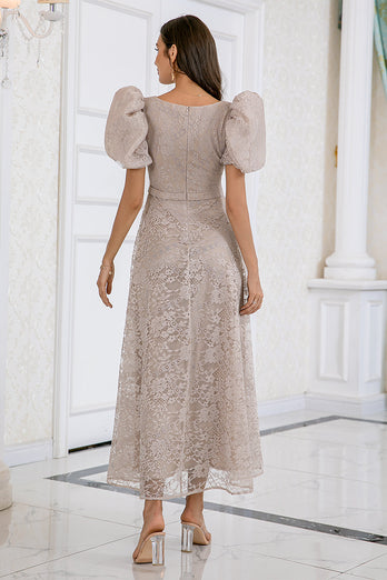 Champagne Lace Prom Dress with Short Sleeves