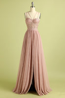 Load image into Gallery viewer, Pink Spaghetti Straps Prom Dress with Slit