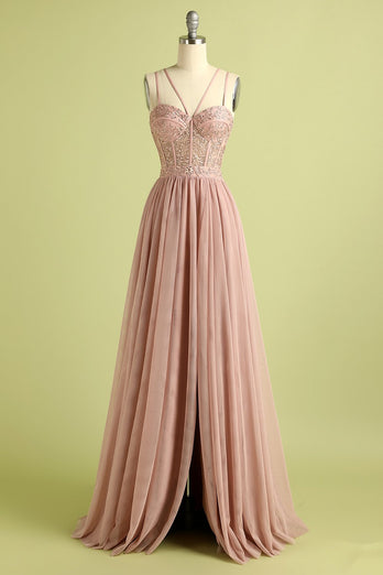 Pink Spaghetti Straps Prom Dress with Slit