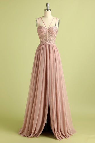 Pink Spaghetti Straps Prom Dress with Slit