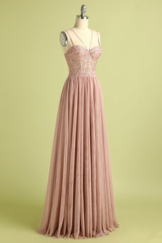 Pink Spaghetti Straps Prom Dress with Slit