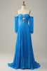 Load image into Gallery viewer, Off The Shoulder Blue Prom Dress with Ruffles