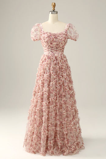 Flower Printed Square Neck A-line Prom Dress