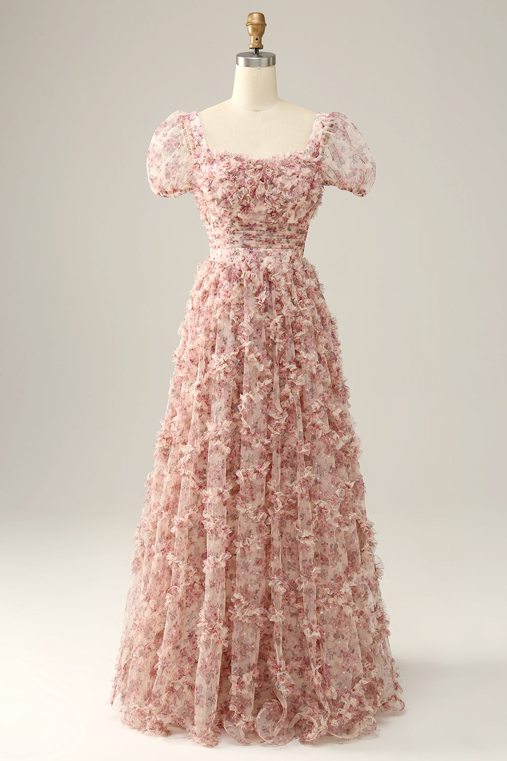 Flower Printed Square Neck A-line Prom Dress