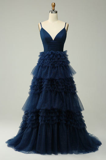 A Line Navy Spaghetti Straps Princess Prom Dress with Slit