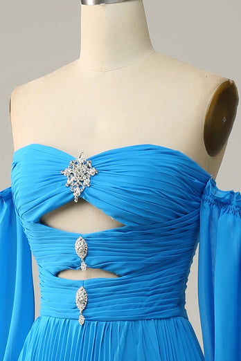 Off The Shoulder Blue Prom Dress with Ruffles