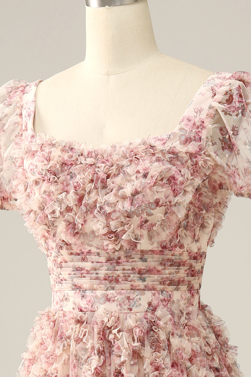 Load image into Gallery viewer, Flower Printed Square Neck A-line Prom Dress