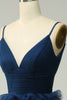 Load image into Gallery viewer, A Line Navy Spaghetti Straps Princess Prom Dress with Slit