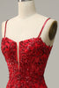 Load image into Gallery viewer, Mermaid Spaghetti Straps Red Sequins Long Prom Dress with Split Front