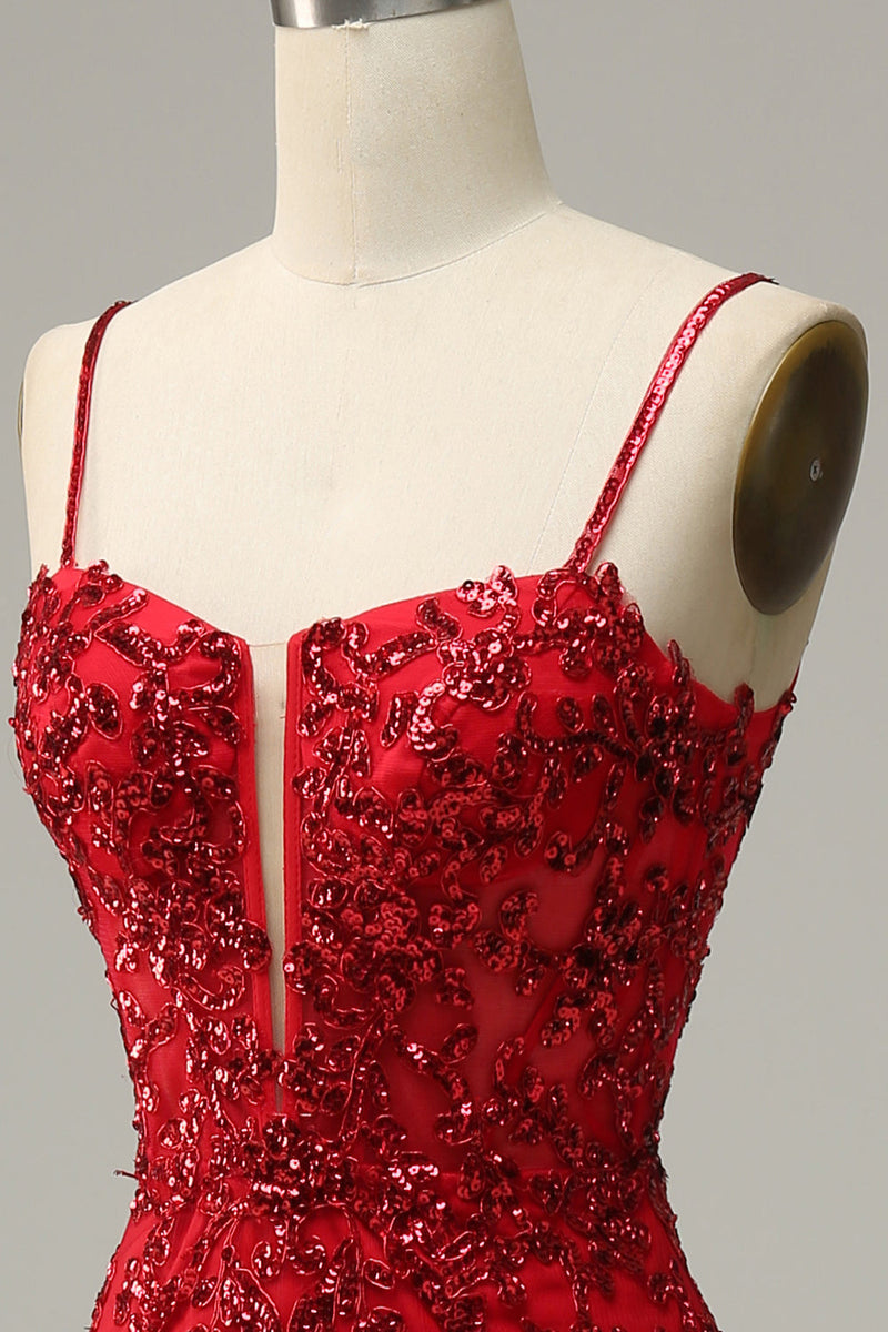 Load image into Gallery viewer, Mermaid Spaghetti Straps Red Sequins Long Prom Dress with Split Front
