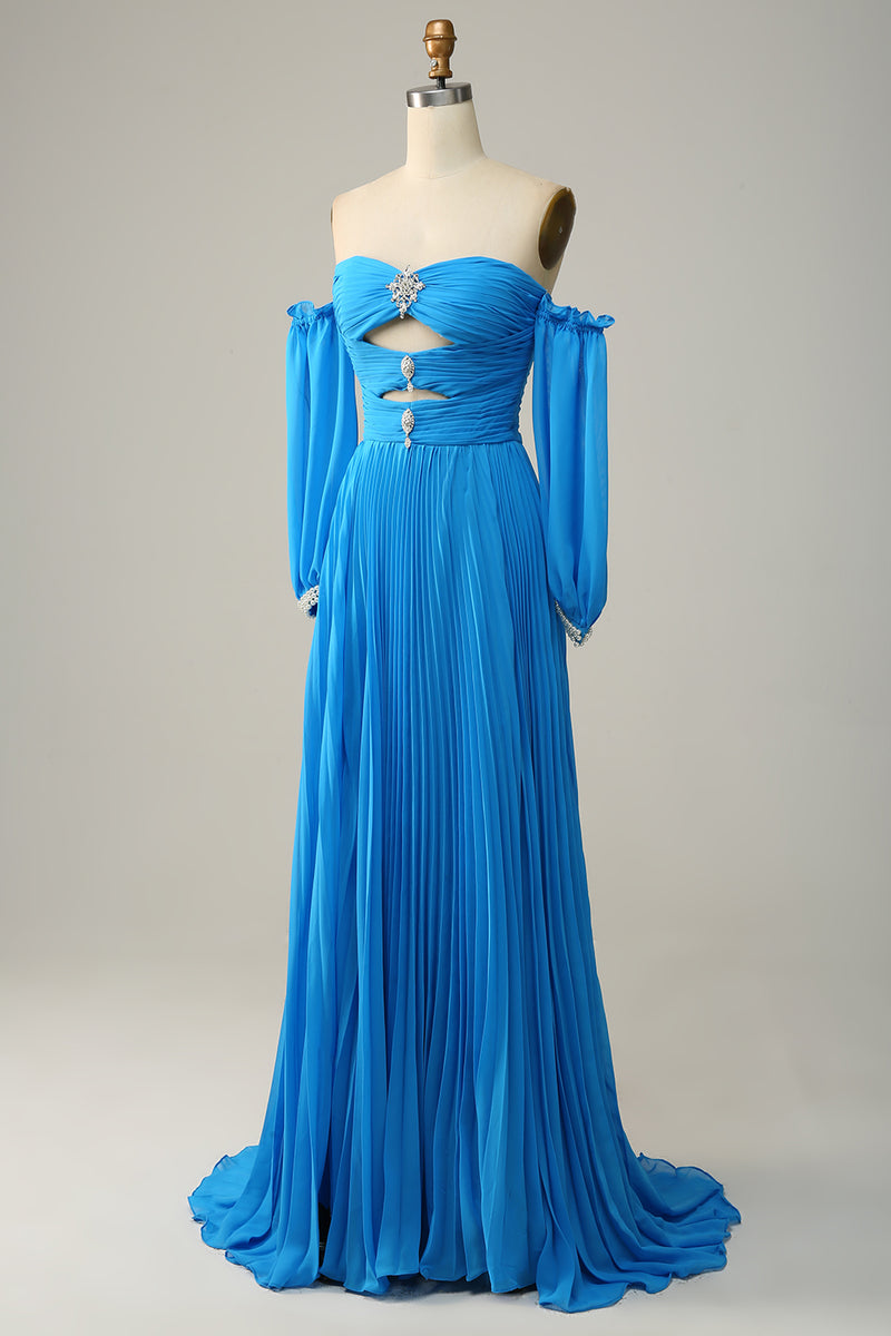 Load image into Gallery viewer, Off The Shoulder Blue Prom Dress with Ruffles