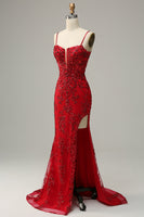 Load image into Gallery viewer, Mermaid Spaghetti Straps Red Sequins Long Prom Dress with Split Front