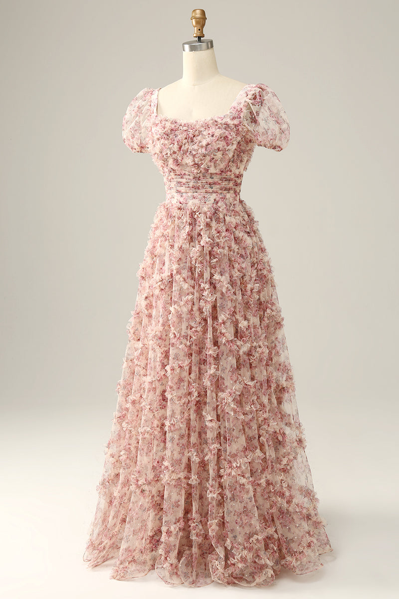 Load image into Gallery viewer, Flower Printed Square Neck A-line Prom Dress