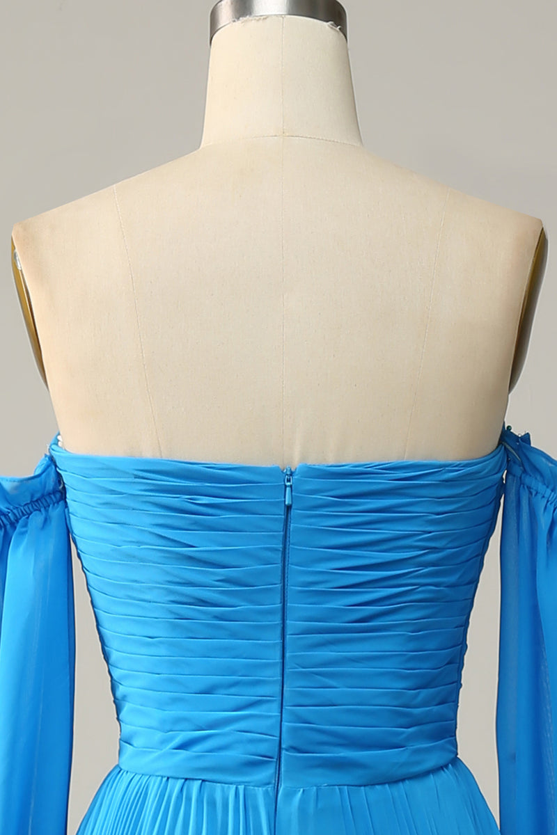 Load image into Gallery viewer, Off The Shoulder Blue Prom Dress with Ruffles