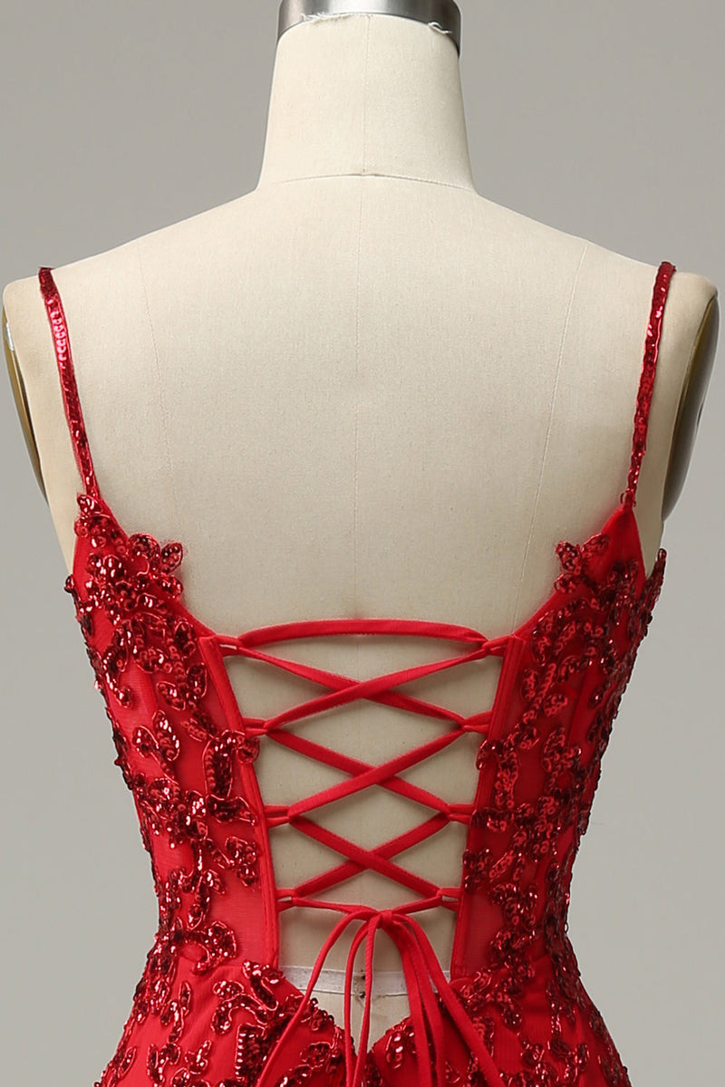 Load image into Gallery viewer, Mermaid Spaghetti Straps Red Sequins Long Prom Dress with Split Front