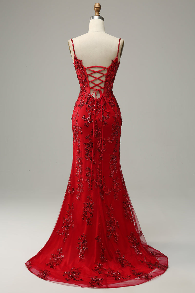 Load image into Gallery viewer, Mermaid Spaghetti Straps Red Sequins Long Prom Dress with Split Front