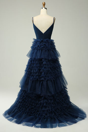 A Line Navy Spaghetti Straps Princess Prom Dress with Slit