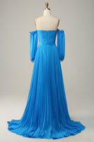 Load image into Gallery viewer, Off The Shoulder Blue Prom Dress with Ruffles