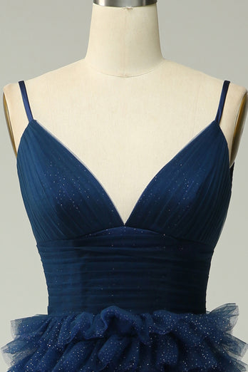 A Line Navy Spaghetti Straps Princess Prom Dress with Slit