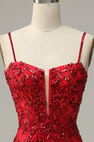 Load image into Gallery viewer, Mermaid Spaghetti Straps Red Sequins Long Prom Dress with Split Front