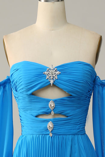 Off The Shoulder Blue Prom Dress with Ruffles