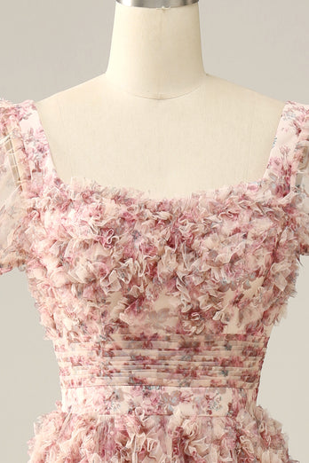 Flower Printed Square Neck A-line Prom Dress