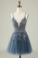 Load image into Gallery viewer, A Line Spaghetti Straps Grey Blue Graduation Dress with Appliques