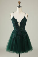 Load image into Gallery viewer, A Line Spaghetti Straps Dark Green Graduation Dress with Appliques