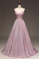 Load image into Gallery viewer, Glitter Spaghetti Straps Blush Prom Dress with Beading