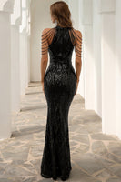 Load image into Gallery viewer, Glitter Black Sequin Halter Mermaid Prom Dress