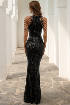 Glitter Black Sequin Halter Mermaid Prom Dress