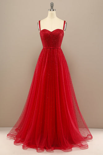 Red Sweetheart Tulle Prom Dress with Beading